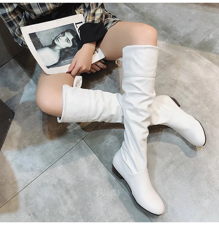 Knee-High Pleated Low Heel Leather Boots – Red Black White