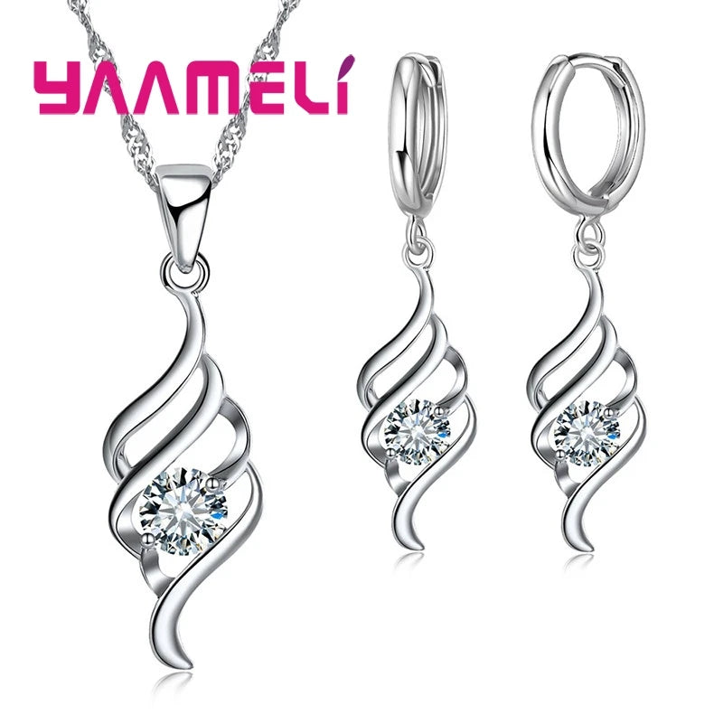 925 Sterling Silver Pendant Necklace & Hoop Earring Set