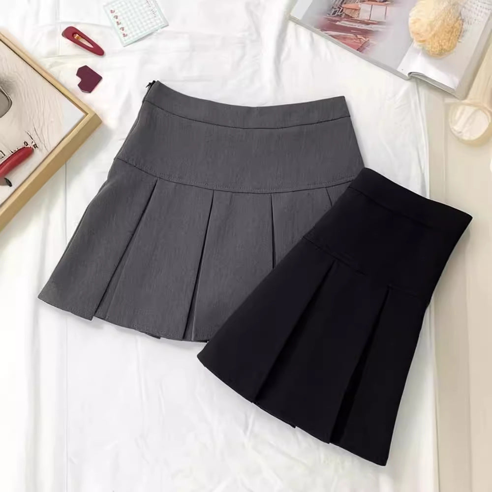 Grey Pleated A-Line Midi Skirt – High Waist