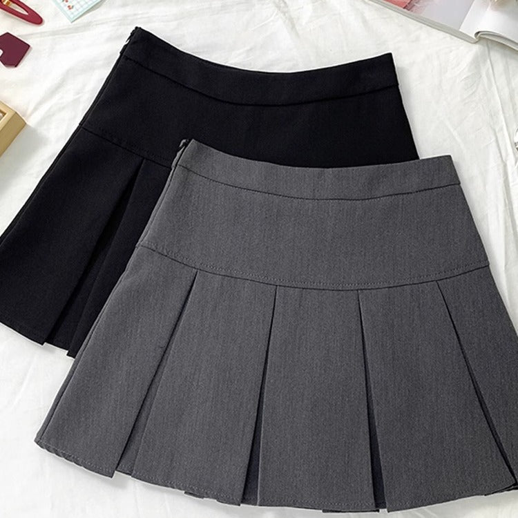 Grey Pleated A-Line Midi Skirt – High Waist