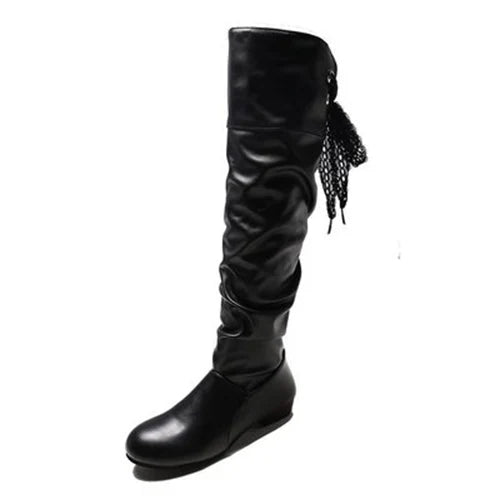 Knee-High Pleated Low Heel Leather Boots – Red Black White