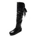 Knee-High Pleated Low Heel Leather Boots – Red Black White