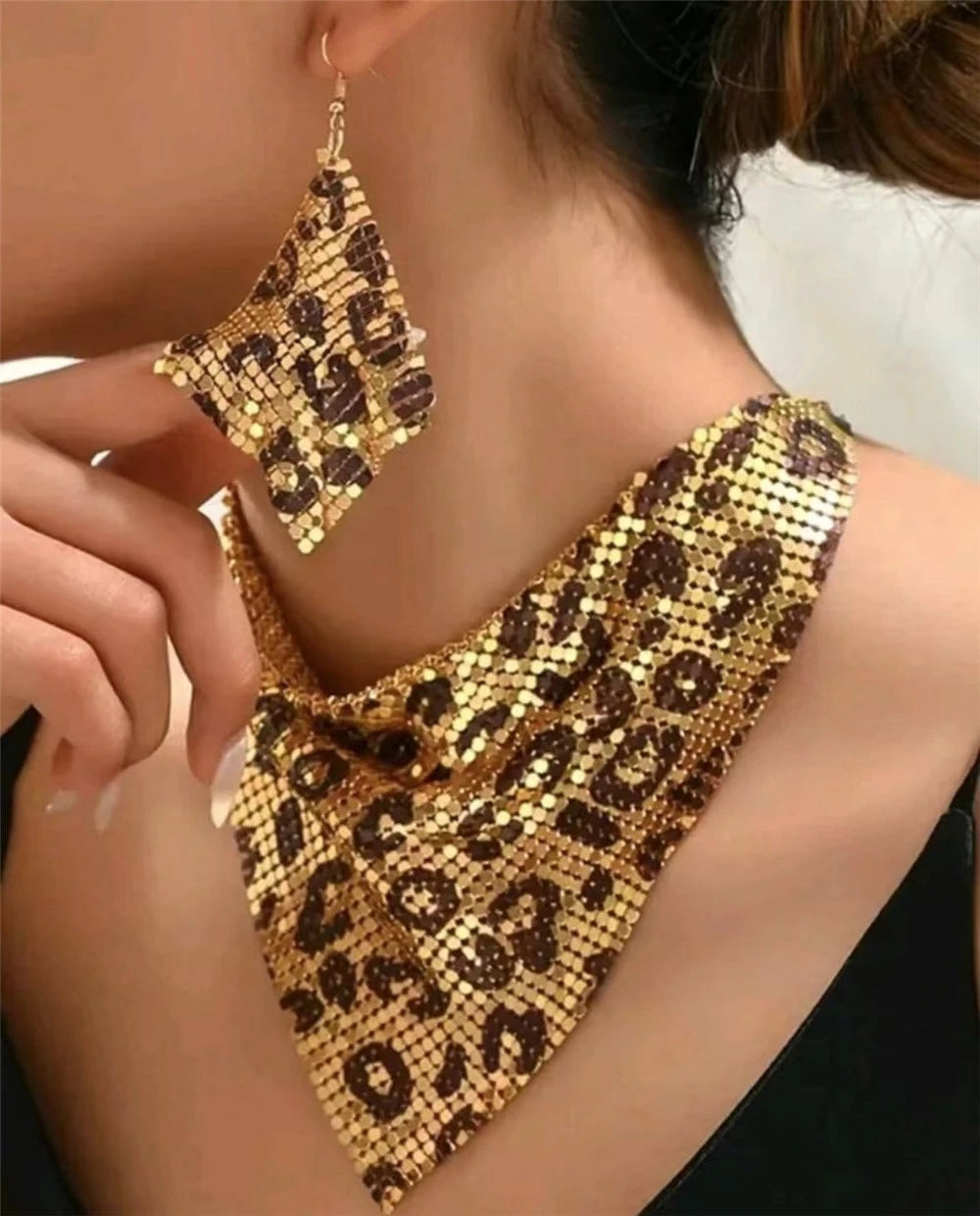 Leopard Print Bib Necklace & Dangle Earrings Set