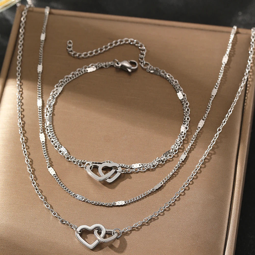 Stainless Steel Love Bracelet & Double Chain Necklace Set