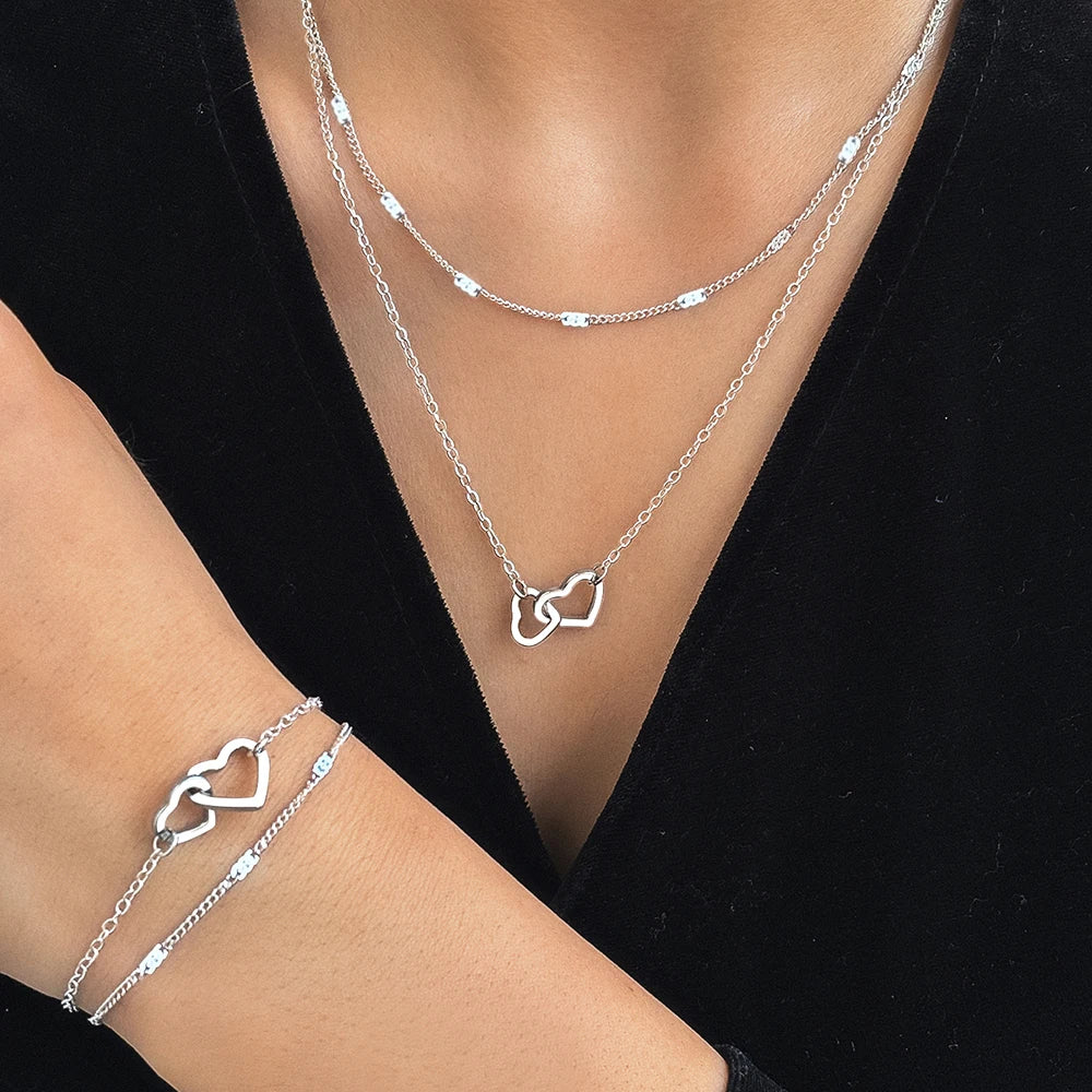 Stainless Steel Love Bracelet & Double Chain Necklace Set