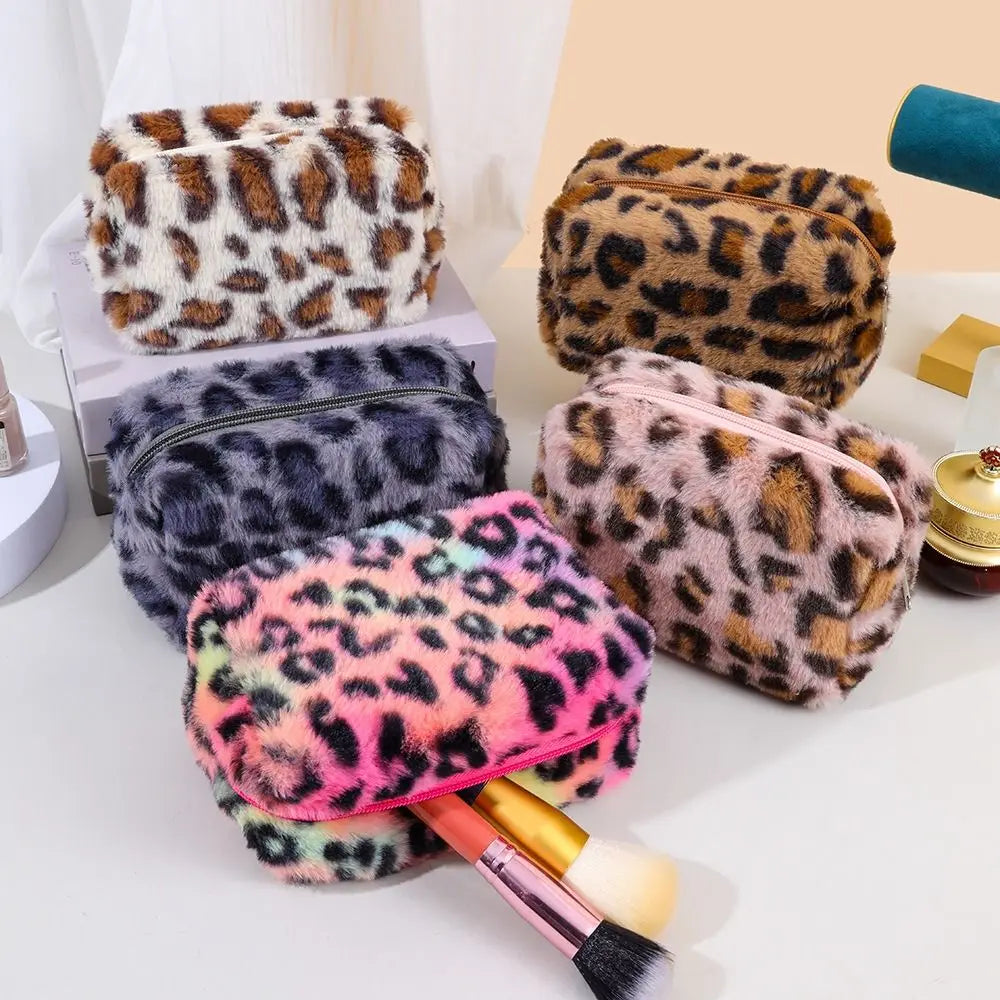 Leopard Print Plush Cosmetic Pouch – Large Capacity