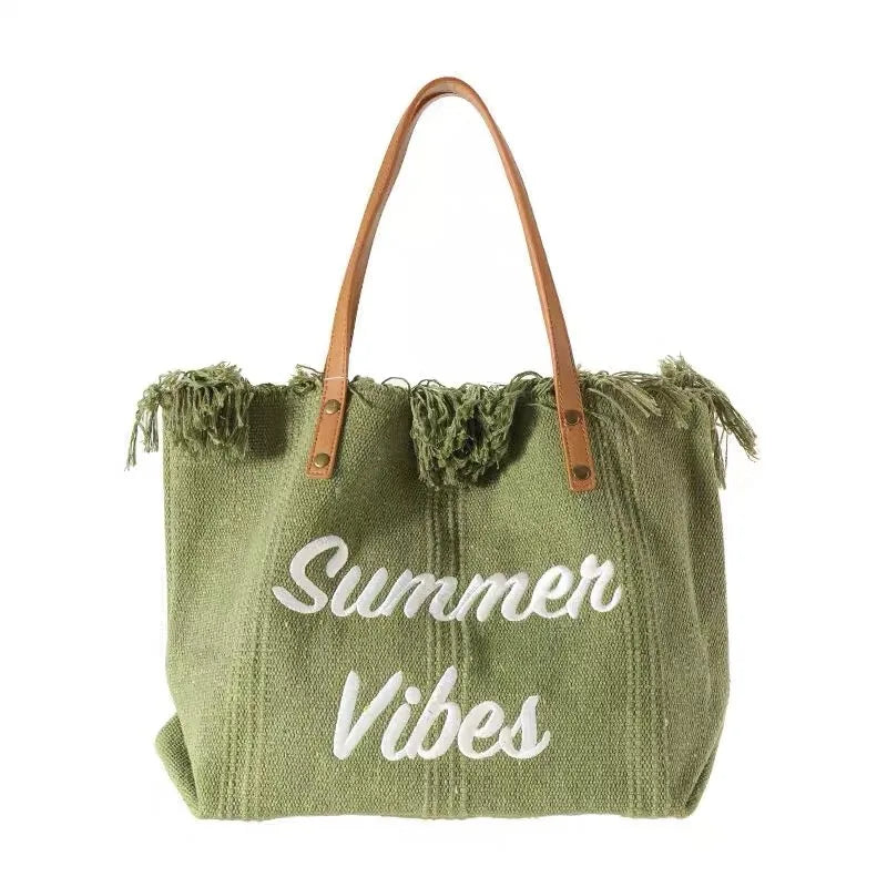 Tassel & Letter Embroidery Large Beach Tote Bag