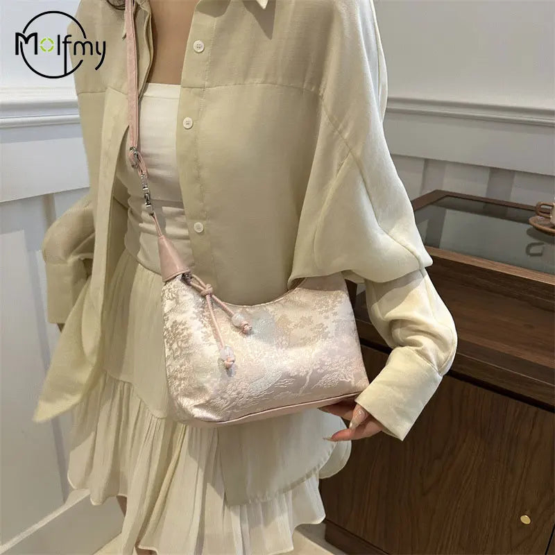 Pearl Pendant Embroidered Nylon Bucket Crossbody Bag