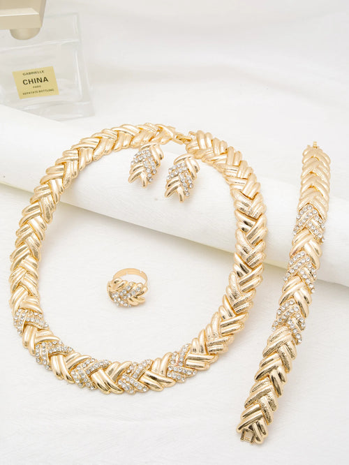 18K Gold Plated Dubai Luxury Necklace Earrings Bracelet & Ring Set