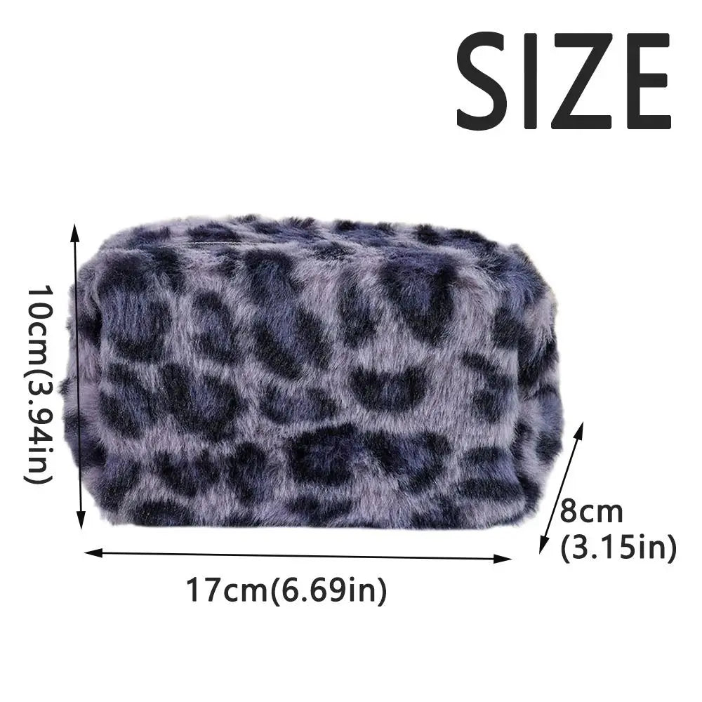 Leopard Print Plush Cosmetic Pouch – Large Capacity
