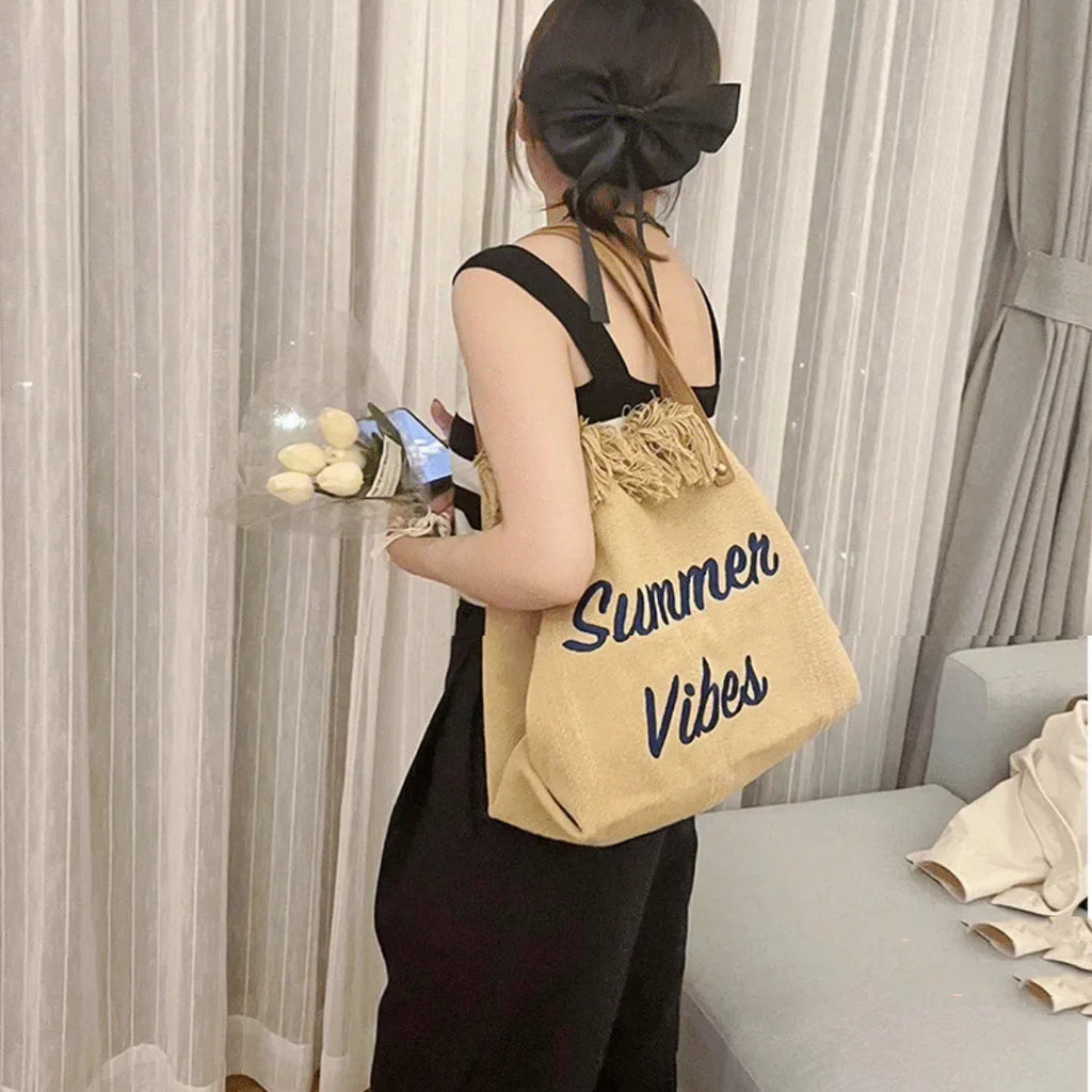 Tassel & Letter Embroidery Large Beach Tote Bag