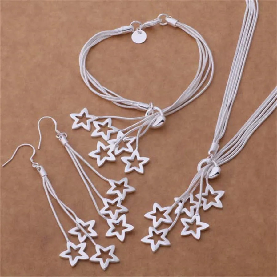 925 Sterling Silver Star Bracelet Necklace & Earring Set