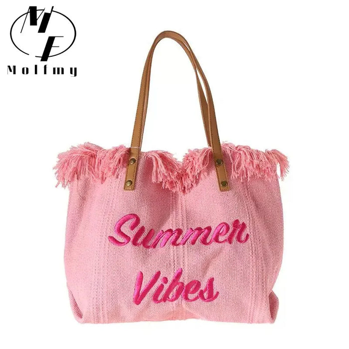 Tassel & Letter Embroidery Large Beach Tote Bag