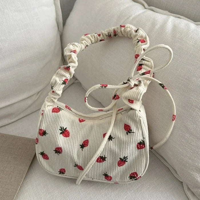 Strawberry Print Corduroy Mini Shoulder Bag