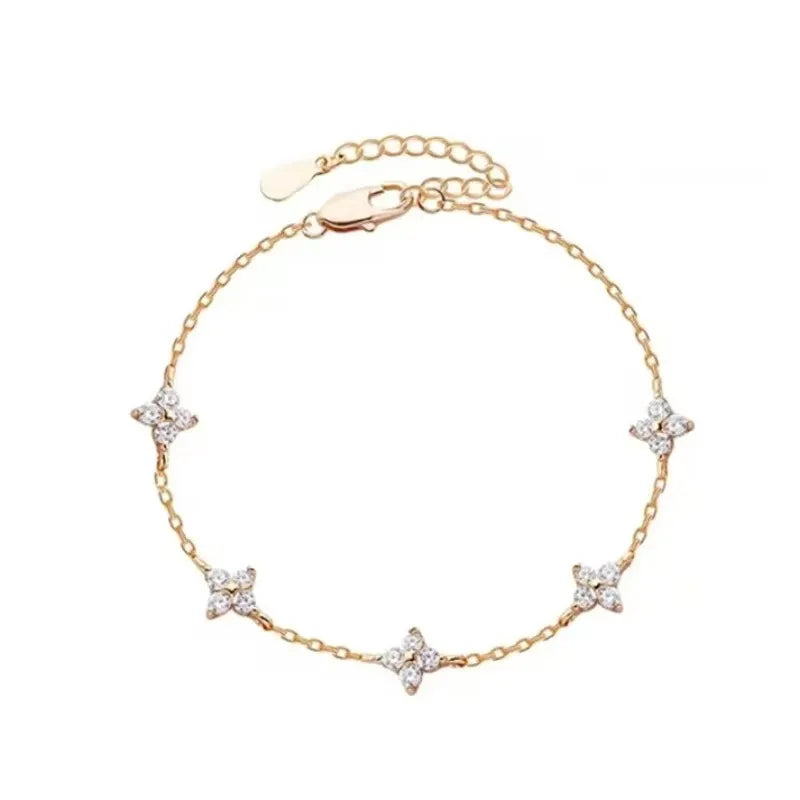 Crystal Four-Leaf Clover Gold Stainless Steel Bangle