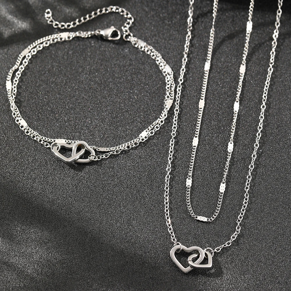 Stainless Steel Love Bracelet & Double Chain Necklace Set
