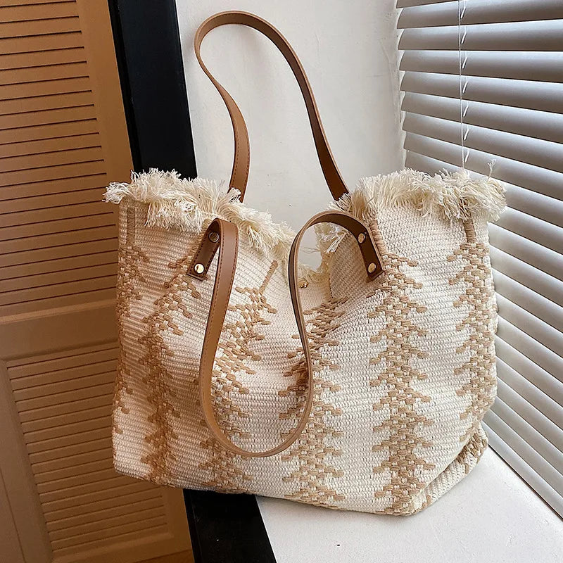 Tassel & Letter Embroidery Large Beach Tote Bag