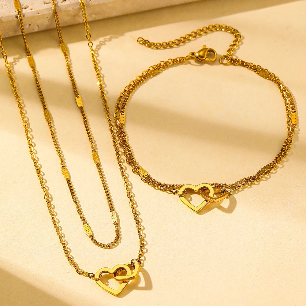 Stainless Steel Love Bracelet & Double Chain Necklace Set