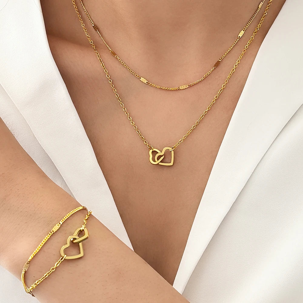 Stainless Steel Love Bracelet & Double Chain Necklace Set
