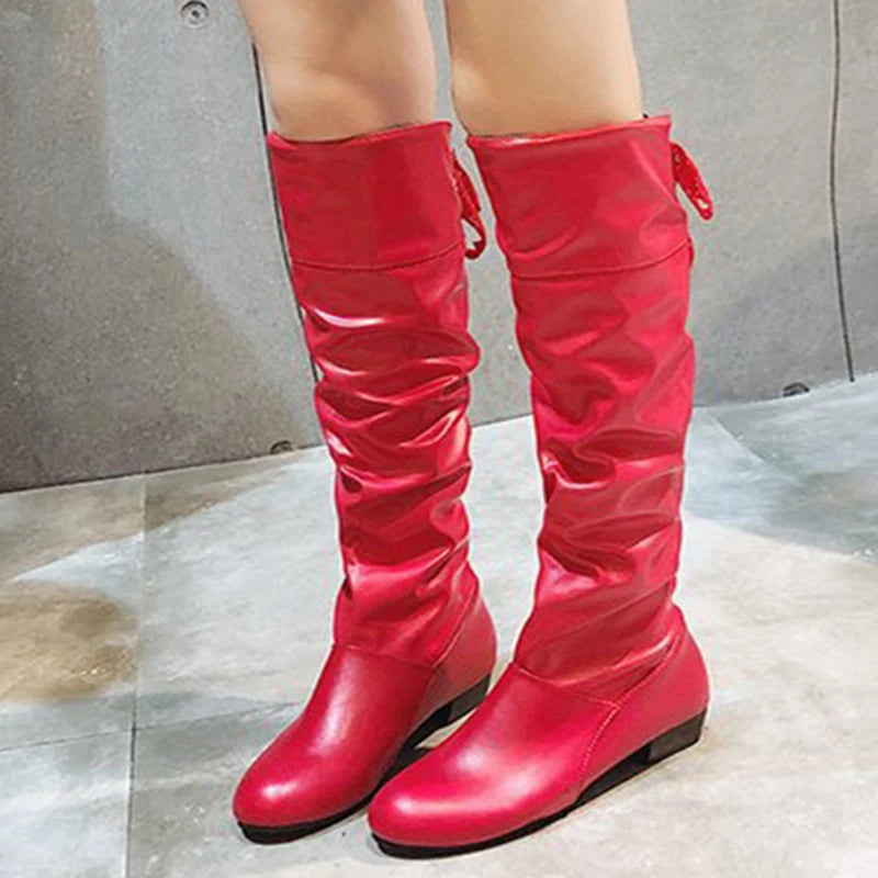 Knee-High Pleated Low Heel Leather Boots – Red Black White