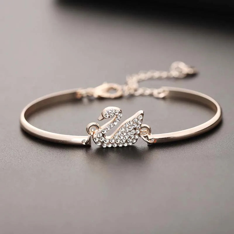 Gold Swan Zircon Charm Bangle Bracelet