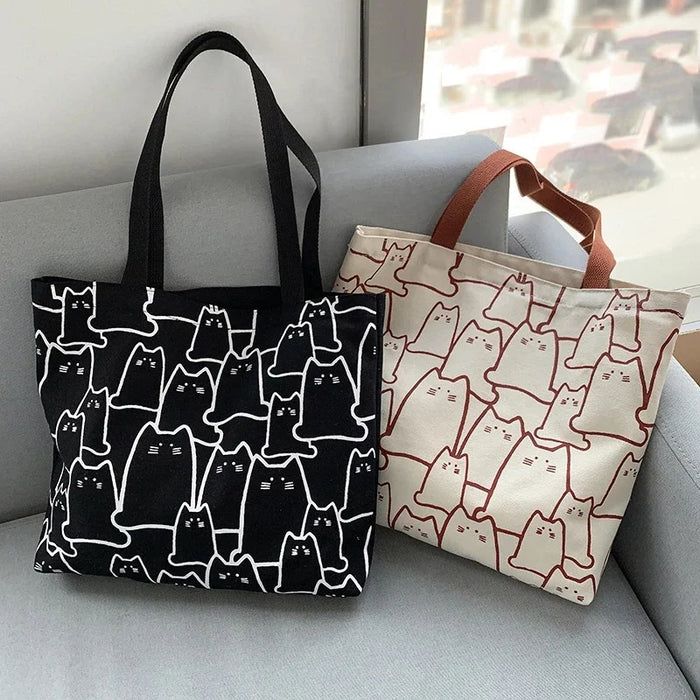 Japanese Style Canvas Cat Tote Bag with Zipper