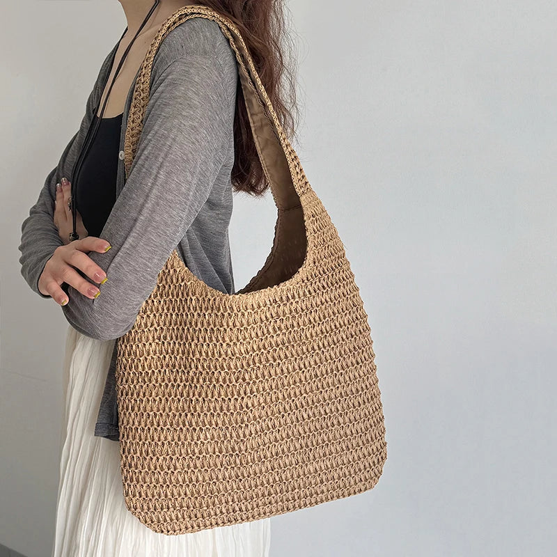 Woven Rattan Straw Beach Tote Bag