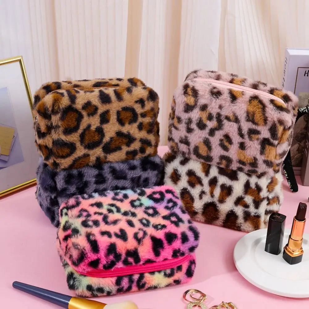 Leopard Print Plush Cosmetic Pouch – Large Capacity