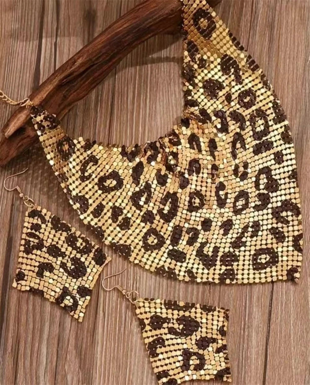 Leopard Print Bib Necklace & Dangle Earrings Set
