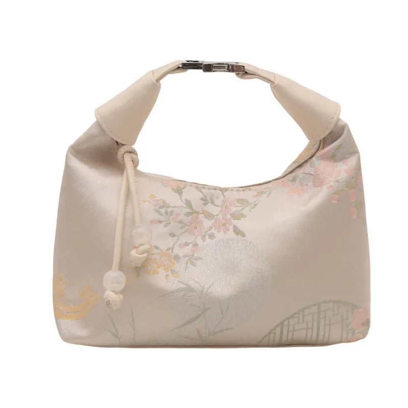 Pearl Pendant Embroidered Nylon Bucket Crossbody Bag