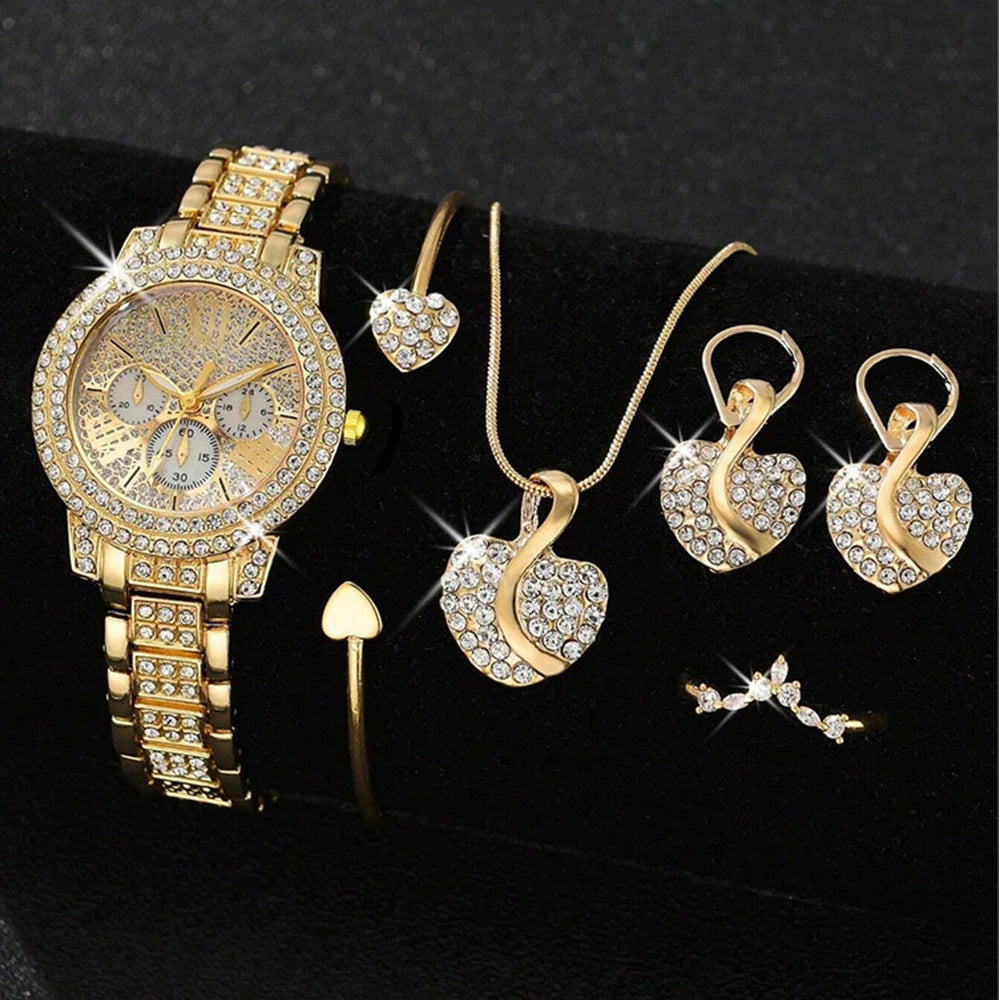 Women's Quartz Watch & Rhinestone Jewelry Set