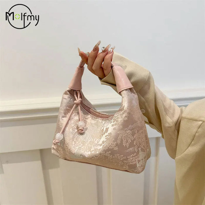 Pearl Pendant Embroidered Nylon Bucket Crossbody Bag