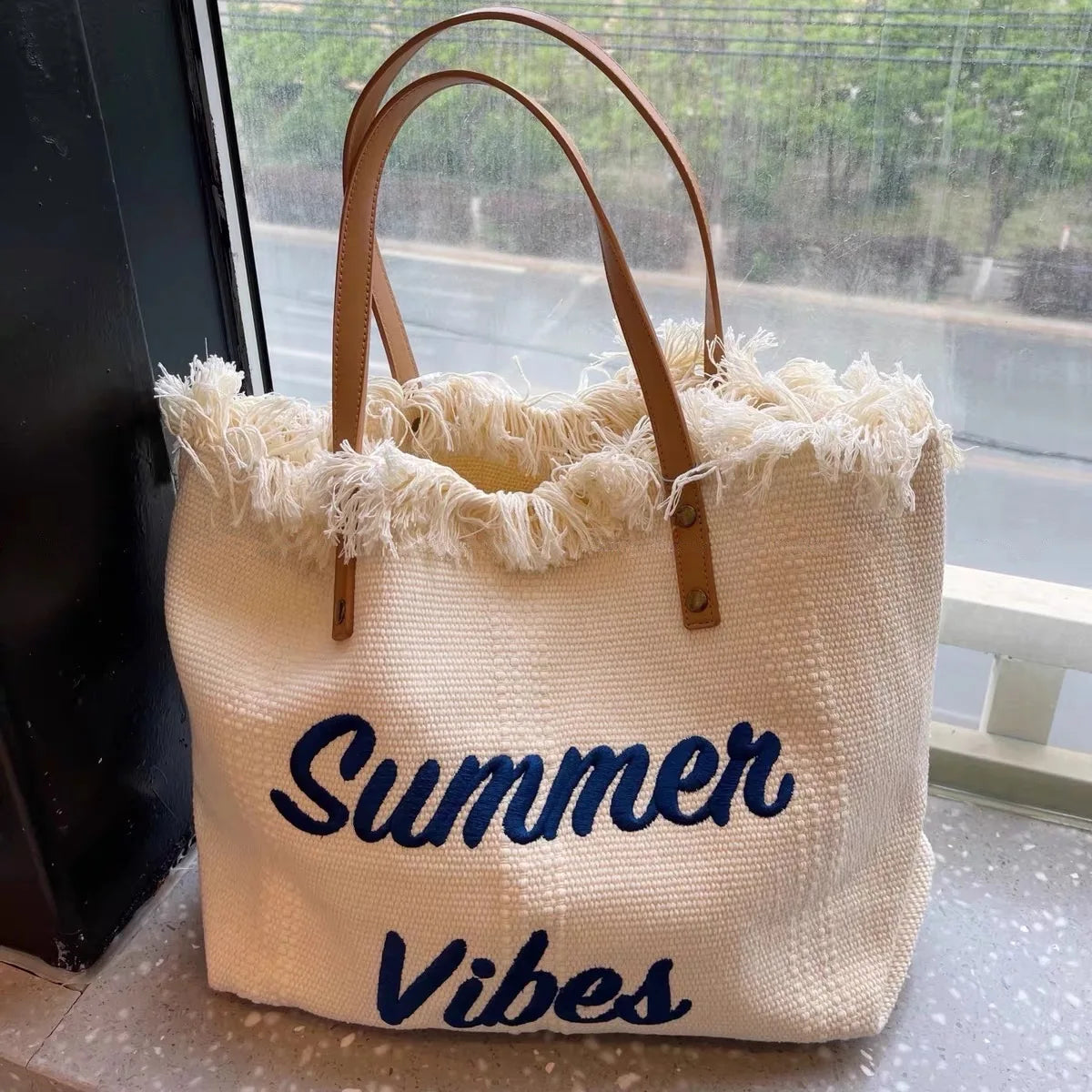 Tassel & Letter Embroidery Large Beach Tote Bag