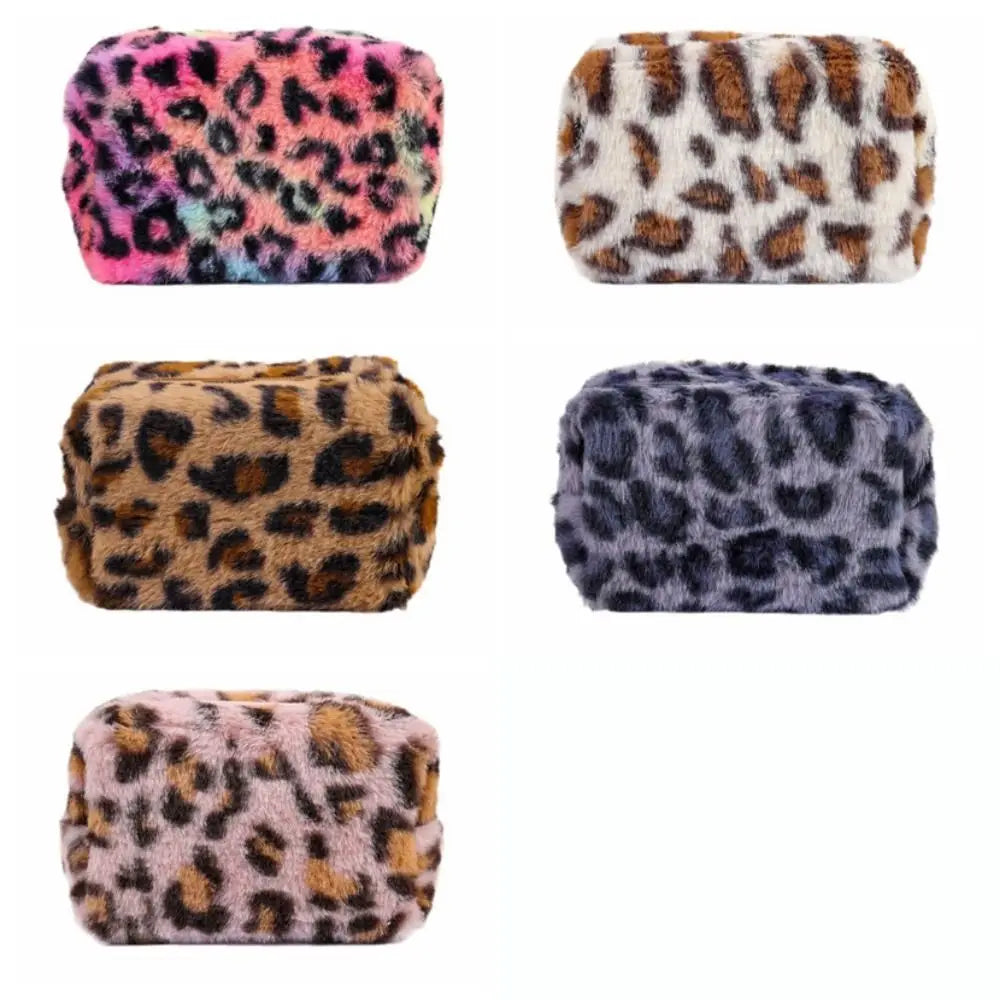 Leopard Print Plush Cosmetic Pouch – Large Capacity