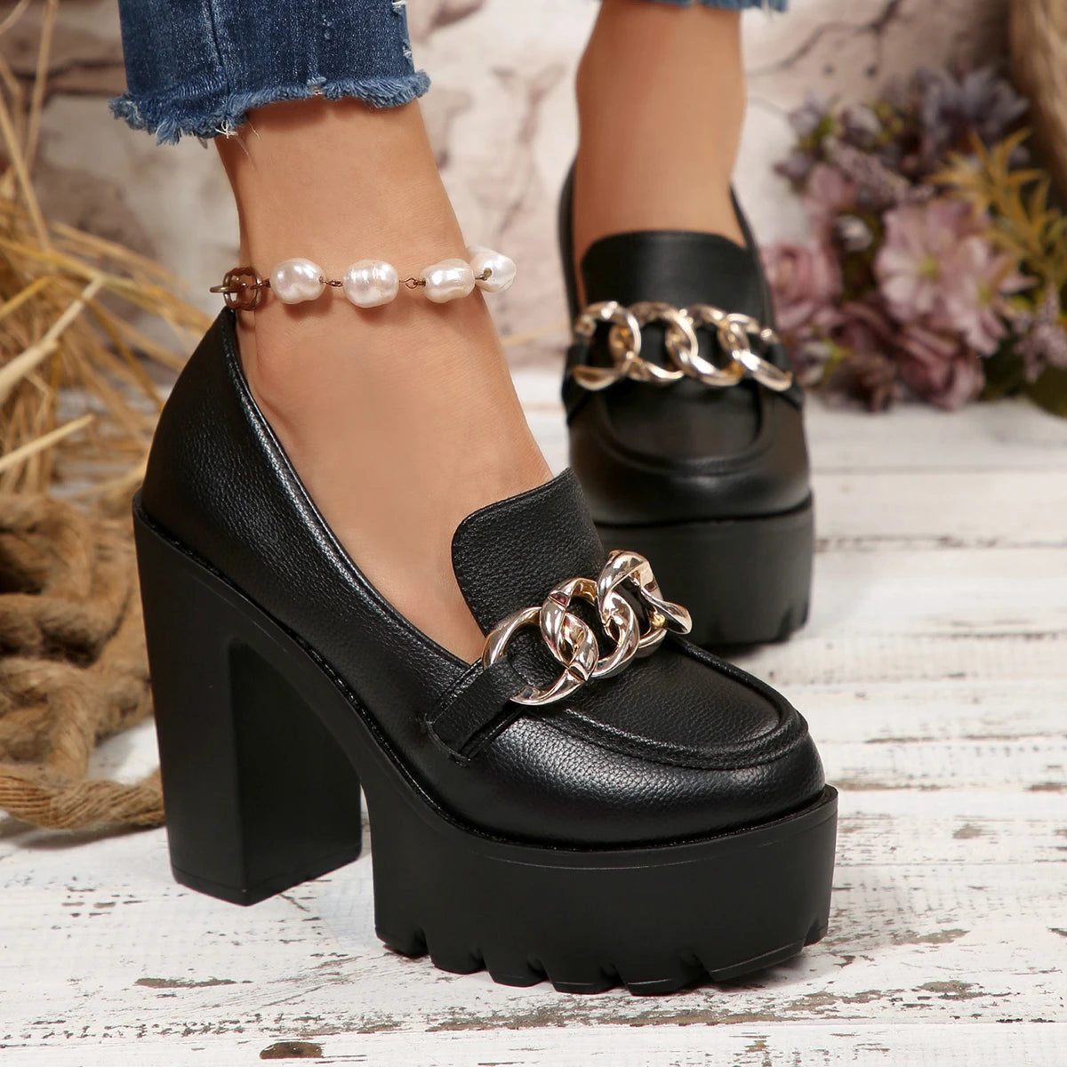 Chunky High Heel Platform Pumps for Women