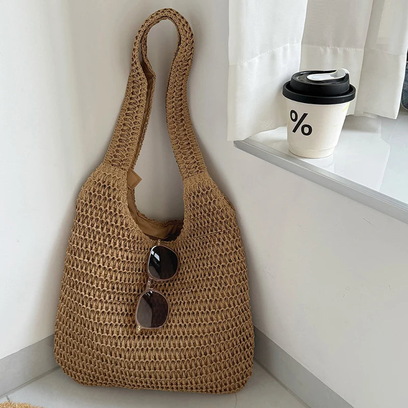 Woven Rattan Straw Beach Tote Bag