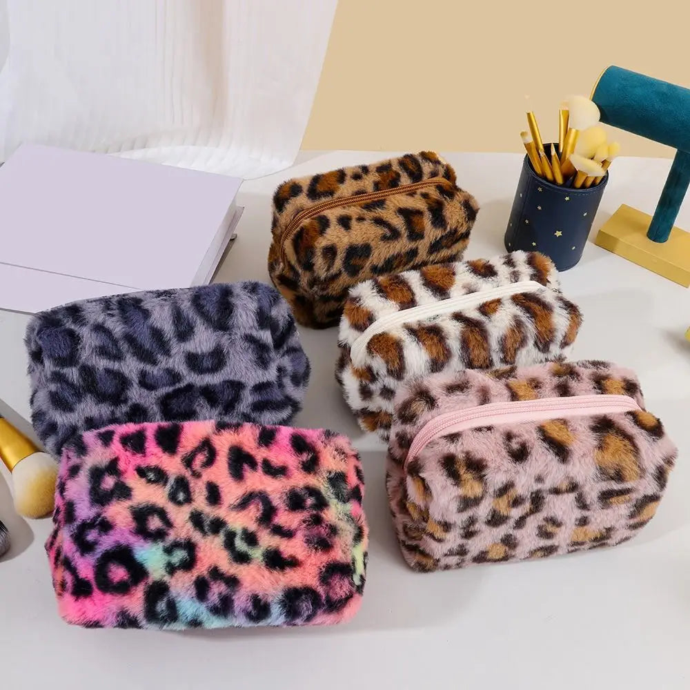 Leopard Print Plush Cosmetic Pouch – Large Capacity