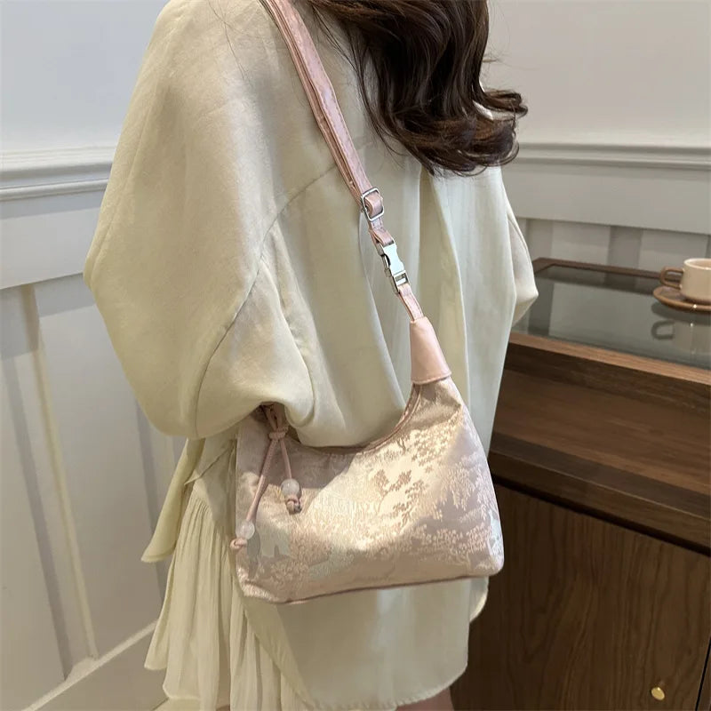 Pearl Pendant Embroidered Nylon Bucket Crossbody Bag