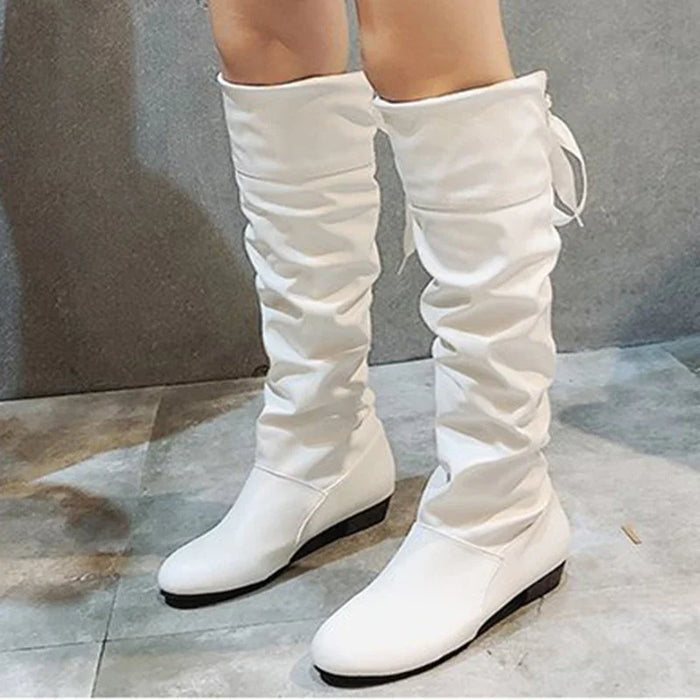 Knee-High Pleated Low Heel Casual Leather Boots