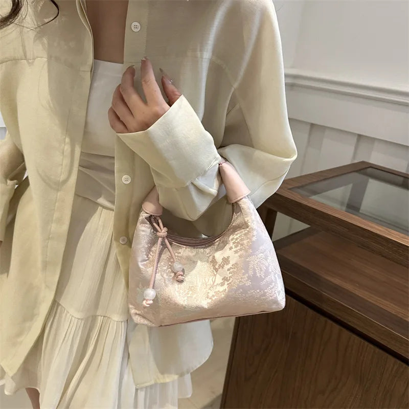 Pearl Pendant Embroidered Nylon Bucket Crossbody Bag