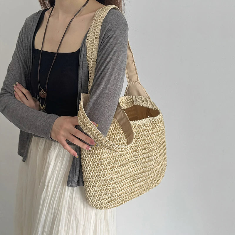 Woven Rattan Straw Beach Tote Bag