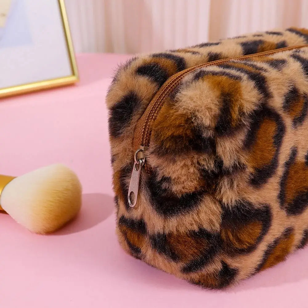 Leopard Print Plush Cosmetic Pouch – Large Capacity