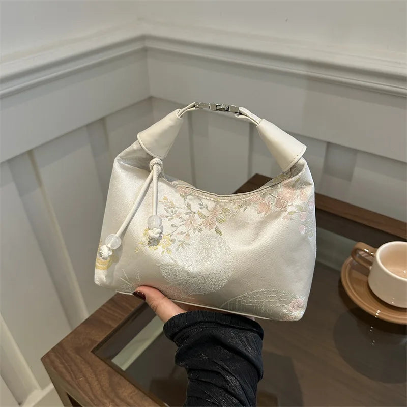 Pearl Pendant Embroidered Nylon Bucket Crossbody Bag