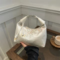 Pearl Pendant Embroidered Nylon Bucket Crossbody Bag