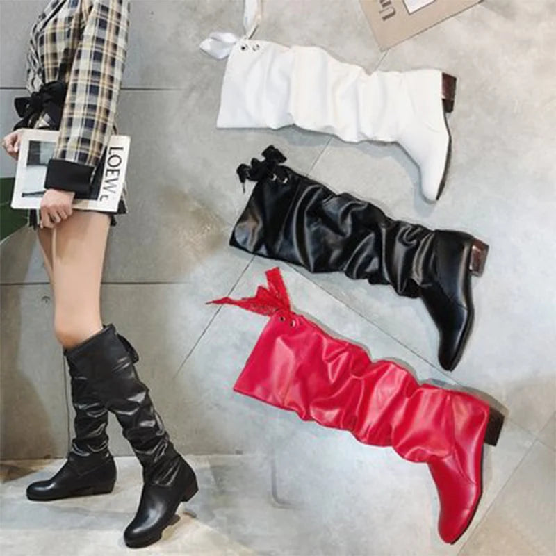Knee-High Pleated Low Heel Leather Boots – Red Black White