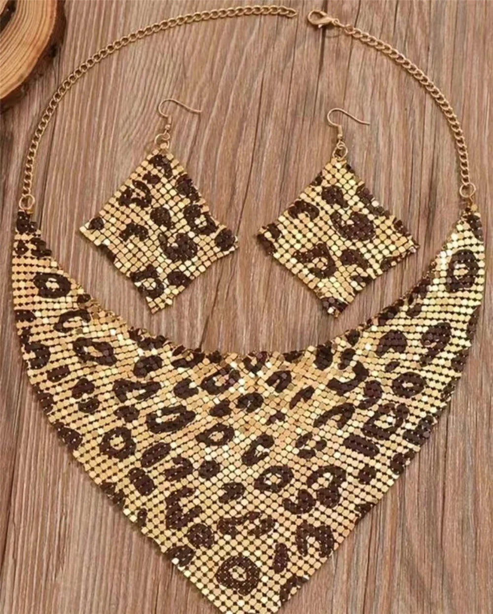 Leopard Print Bib Necklace & Dangle Earrings Set